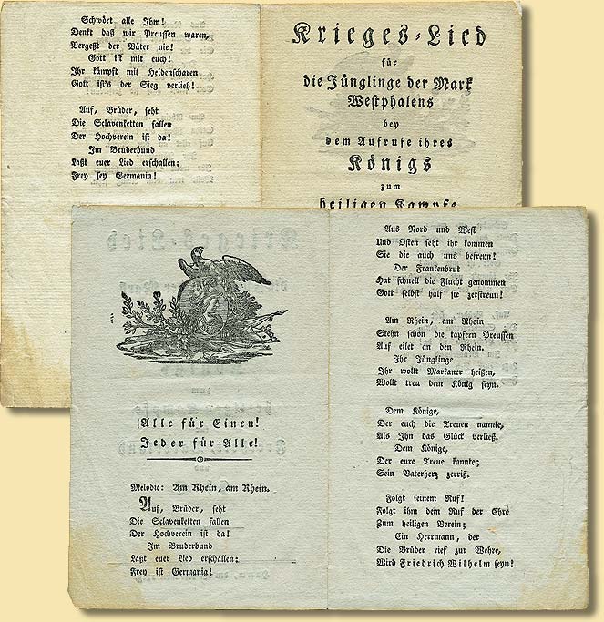 �Krieges-Lied f�r die J�nglinge der Mark Westphalens bey dem Aufrufe ihres K�nigs zum heiligen Kampfe f�r Freiheit, Vaterland und Ehre�, Hamm 1813