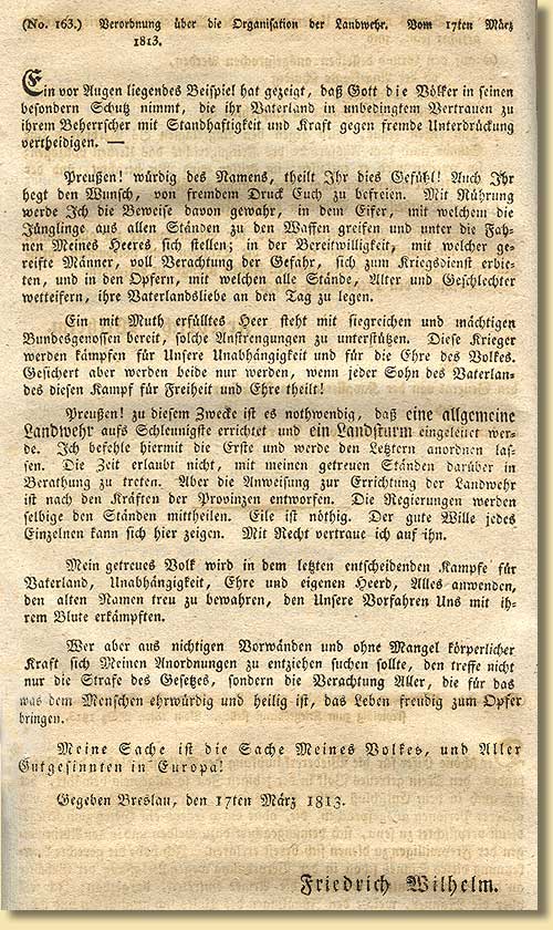 Verordnung �ber die Organisation der Landwehr in Preu�en, 1813