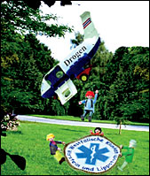Abst�rzendes Flugzeug mit der Aufschrift Drogen und M�nnchen mit Rettungstuch