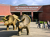 Das Foto zeigt Kinder und zwei Dinosaurier vor dem LWL-Museum für Naturkunde. Foto: LWL-Museum für Naturkunde