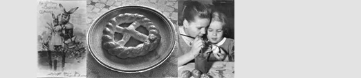Das Foto zeigt eine alte Postkarte und Kinder beim Eierbemalen Das Foto zeigt eine alte Postkarte und Kinder beim Eierbemalen