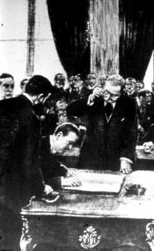 Weimarer Republik, Gemälde: Die Unterzeichnung der Versailler Verträge, die am 20.1.1920 in Kraft traten