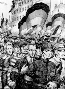 Weimarer Republik, Zeichnung: Demonstration des 'Reichsbanner Schwarz-Rot-Gold', 1924 gegründetes Bündnis gegen die "Feinde der Republik"