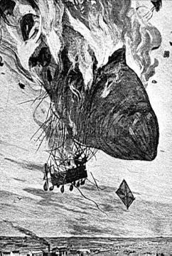 Flugunglück 1897: Absturz des brennenden Lenkluftschiffes von Dr. Wölfert (Zeichnung)