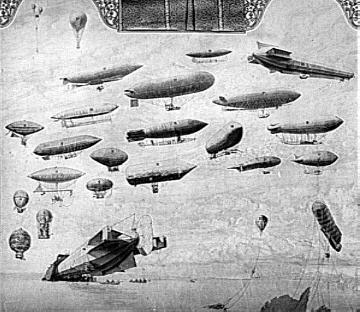 Illustration von 23 verschiedenen Luftschiffen und Ballonen auf dem Entwicklungsstand Anfang des 20. Jahrhunderts