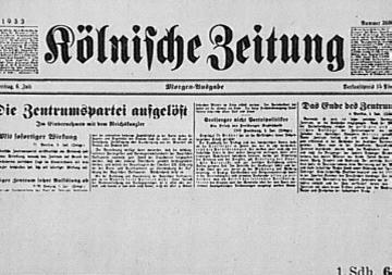 "Kölnische Zeitung" vom 6.7.1933, Schlagzeile zur Auflösung der Zentrumspartei