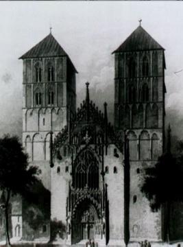 St. Paulus-Dom, Hauptportal. Lavierte Bleistiftzeichnung von Johann Friedrich Lange (1842/43), undatiert.