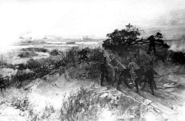 Gemälde - Kriegsschauplatz Westflandern 1914-1918, "Ypernschlacht": Deutsche Artillerie beschießt englische Kreuzer bei Ostende