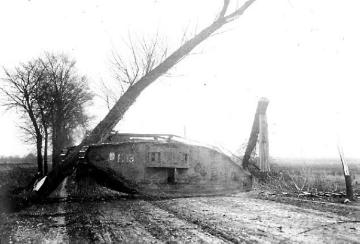 Kriegsschauplatz Cambrai (Frankreich) 1917: Englischer Panzer beseitigt einen Baum