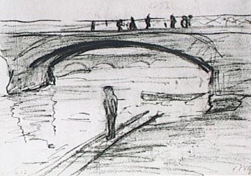 Figur am Quai vor einer Seinebrücke: um 1906, Kohlezeichnung von Paula Modersohn-Becker