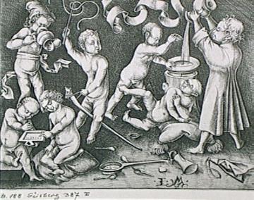 Die spielenden Kinder, Kupferstich von Israhel van Meckenem aus dem späten 15. Jahrhundert