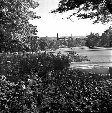 Bundesgartenschau im Dortmunder Westfalenpark, 1959 - im Hintergrund das Hochofenwerk Phoenix-West in Dortmund-Hörde (stillgelegt 1998).