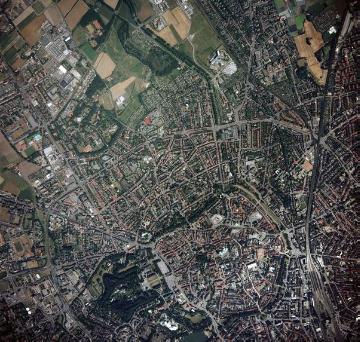 Münster-Stadt, im Westen noch das Schloss, im Norden das Stadtgebiet bis Coerde, im Südosten der Hauptbahnhof