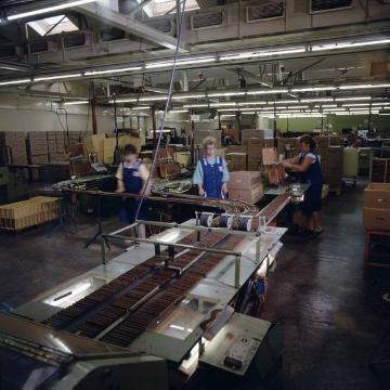 Verpackungsabteilung in der Zigarrenfabrik Arnold André, Bünde, eröffnet 1851 als Filiale des Unternehmens in Osnabrück (gegründet 1817). Juni 1993.