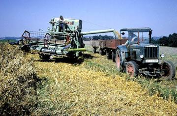 Mähdrescher und Traktor bei der Ernte