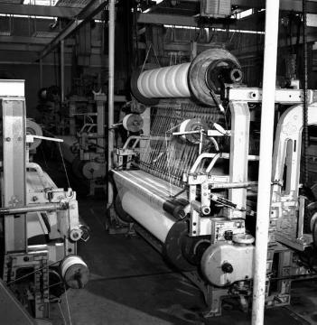 Textilindustrie in Greven, 1964: Gardinenweberei Cordima, Blick in den Websaal