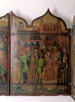 Burghofmuseum: Verhör des Hl. Petrus, Mitteltafel eines ehemals vierteiligen Schreinflügels (Innenseite), um 1440