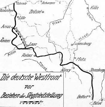 Kriegsschauplatz Frankreich 1917: Kartendarstellung des Frontverlaufes vor dem Rückzug in die Siegfriedstellung