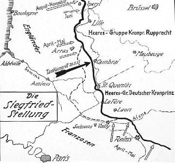 Kriegsschauplatz Cambrai (Frankreich) 1917: Kartendarstellung zum Frontverlauf