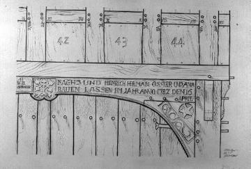 Fachwerk im Mindener Land, Zeichnungen von Helmut Richter: Hoftor von 1782 mit Hausinschrift, Fachwerkgebäude in Holzen, Amt Hüllhorst