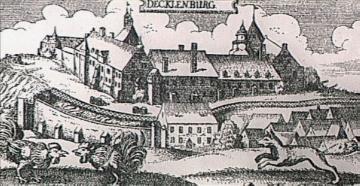 Grafik, um 1700: Ansicht von Schloss Tecklenburg, nach 1729 verfallen