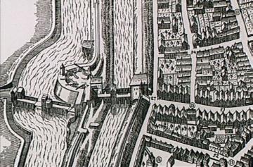 Stadtansicht, Münster 1636: Befestigung mit Liebfrauentor; Stich von E. Alverding (Ausschnitt)