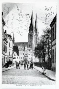 Tabakwaren Wilhelm Fincke: Stammsitz an der Hammer Straße neben der Josefskirche (Blick durch die Hermannstraße, Postkarte)