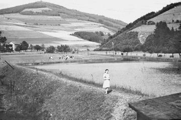 Elfriede Dümpelmann am Mühlteich der Familie Sternberg, Blick Richtung Fleckenberg auf den Beerenberg