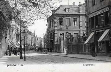 Münster-Altstadt um 1904: Geschäftsmeile Ludgeristraße [Postkarte, Lichtdruckerei Knackstedt & N...her (unleserlich), Hamburg]
