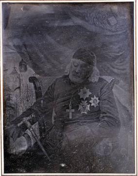 Maximilian Droste zu Vischering (1770-1846), Bischof von Münster 1825-1846, Atelieraufnahme von 1846 mit einmontiertem Paulus-Dom, Daguerreotypie