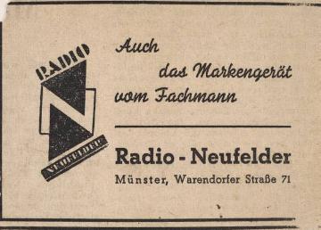 Radio Neufelder: Visitenkarte des Fachhandels für Rundfunk- und Haushaltstechnik, gegründet 1948 von Bruno Neufelder an der Warendorfer Straße 71