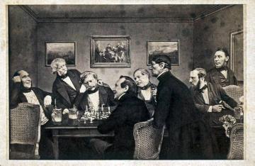 Das Schachspiel - Münsteraner Honoratioren mittels Fotomontage vereinigt zur geselligen Runde, an der Tür: Friedrich Hundt selbst, um 1860 (Papierfotografie, Carte-de-visite)