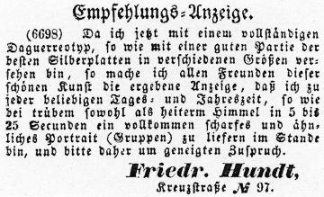 Werbeannonce des Fotografen Friedrich Hundt vom 11.8.1842 im Westfälischen Merkur, Münster