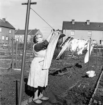 Wäsche trocknen in der Zechensiedlung Recklinghäuser Straße, Castrop-Rauxel-Habinghorst. Undatiert, 1960er Jahre.