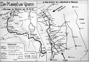 Kriegsschauplatz Westflandern 1914-1918, "Ypernschlacht": Kartendarstellung des Frontverlaufs im Oktober 1914