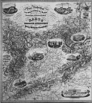 Karte der Bergisch-Märkischen Eisenbahn im Ruhrtal von Hohensyburg bis Werden, Lithographie um 1850