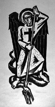 Erzengel St. Michael als Drachentöter, Linolschnitt