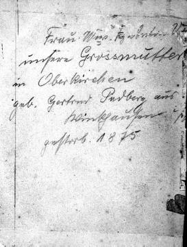 Handschrift auf der Rückseite eines Porträts der Witwe von Franz Anton Vogt - geb. Gertrud Padberg aus Winkhausen (gestorben 1875)
