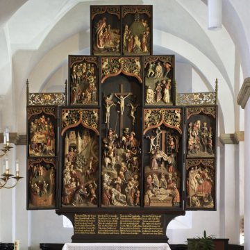 St. Marien zu Quernheim: Spätgotischer Flügelaltar (um 1525) in der ehemaligen Kirche eines freiweltliches Damenstiftes, aufgelöst 1810. Ansicht im Februar 2013.