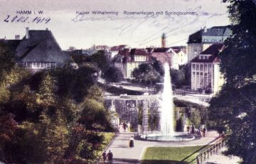 Hamm - Rosengarten mit Springbrunnen am Kaiser-Wilhelm-Ring. Postkarte mit Schreibdatum 20. Oktober 1919, coloriert.