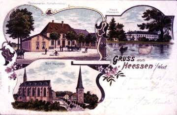 "Gruß aus Heessen", Stadt Hamm. Postkarte mit Gasthaus Schiefenhövel (links), Haus Heessen (rechts) und Dorfansicht. Undatiert, um 1910.