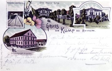 "Gruß aus Kump bei Rhynern" (Stadt Hamm): Postkarte mit Villa Schulze Kump (oben) und Gastwirtschaft Schneider (unten). Undatiert, um 1910 [?]