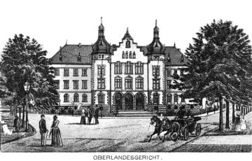 Oberlandesgericht Hamm, erbaut 1890-1894 - umgewidmet zum Rathaus 1959. Ansicht um 1900, Lithographie, Urheber unbezeichnet.