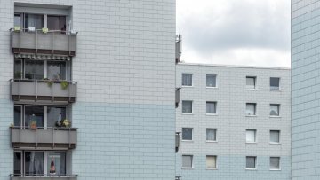 Kamen-Methler: Partie einer Hochhaussiedlung an der Einsteinstraße. August 2017.