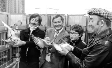 Stolze Taubenzüchter - Saisonsieger - Taubenausstellung am 14. Januar 1980 in der Gaststätte Schmidt am Markt, Castrop-Rauxel-Ickern. 