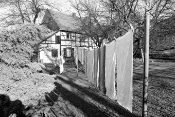 Waschtag, Wäschetrocknen in Castrop-Rauxel-Dingen, Februar 1982.
