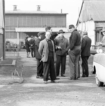 "Wo bleibt unser Geld?": Streikende Arbeitnehmer vor den Röhrenwerken in Castrop-Rauxel-Habinghorst. Werksname nicht überliefert. Undatiert, 1960er Jahre.