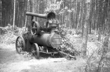 Bei Münster-Hiltrup: Lokomobil für den Antrieb von Land- oder Werkzeugmaschinen mittels Dampfkraft (im Besitz der Familie Kriener), fotografiert in der Hohen Ward südlich des Hauptweges nähe Pumpwerk. Sommer 1966.