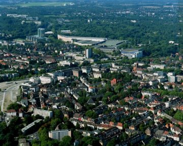 Essen-Rüttenscheid: Blick zum Gruga-Komplex: Das heutige Areal ging aus der ersten Großen Ruhrländischen Gartenbau-Austellung hervor, die 1929 stattfand