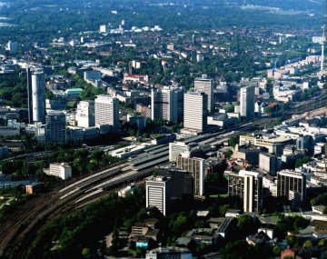 Blick auf das Essener Stadtzentrum um den Hauptbahnhof
